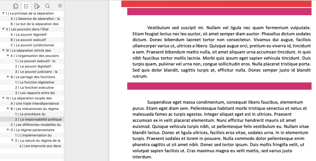 Le volet de navigation s'ouvre alors à gauche du document. Les deux premiers onglets nous concernent : la navigation par page ou par section, selon le plan que nous avons dressé.