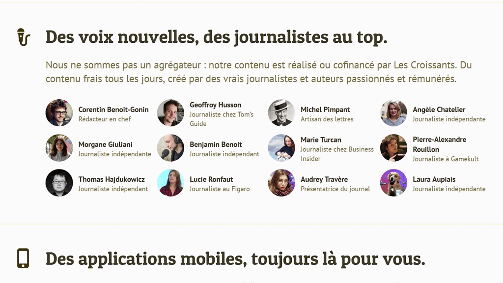Capture d'écran du site Internet des Croissants : "des voix nouvelles, des journalistes au top"