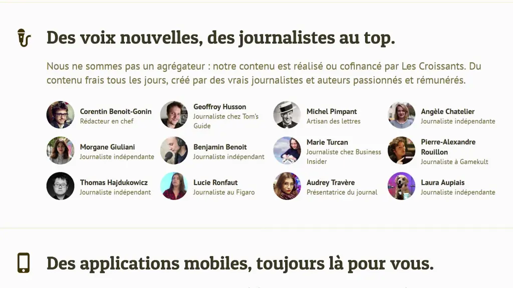 Capture d'écran du site Internet des Croissants : "des voix nouvelles, des journalistes au top"
