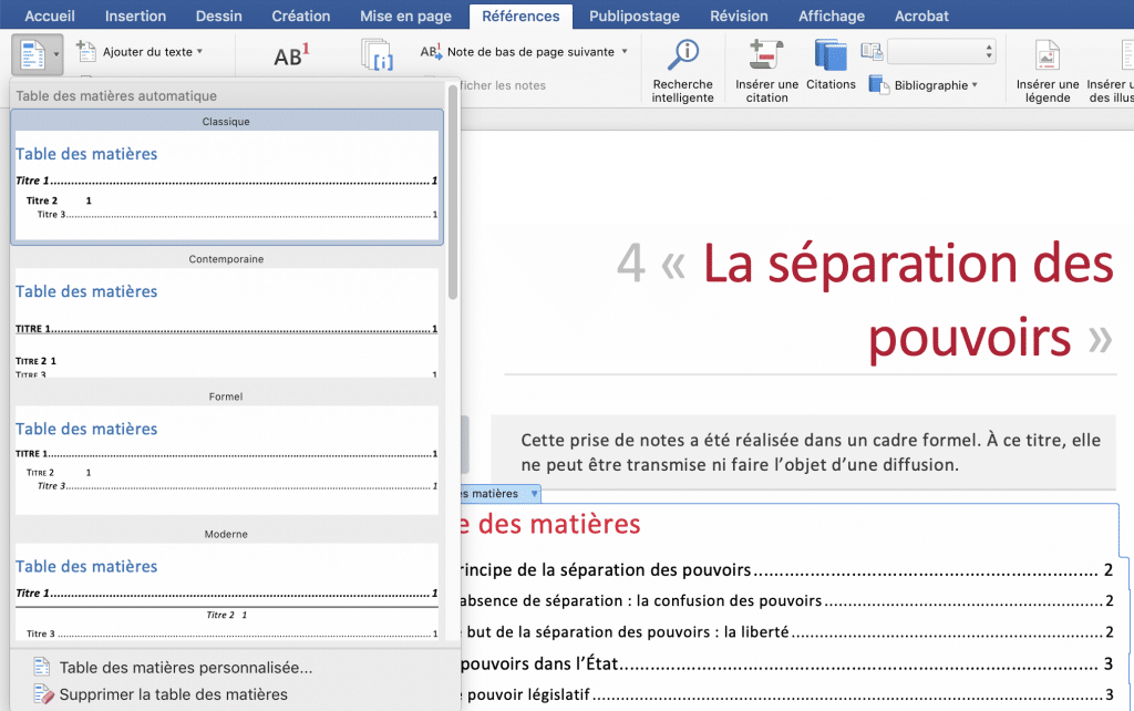 Le menu des table des matières est ouvert dans l'onglet "Références", sur macOS.