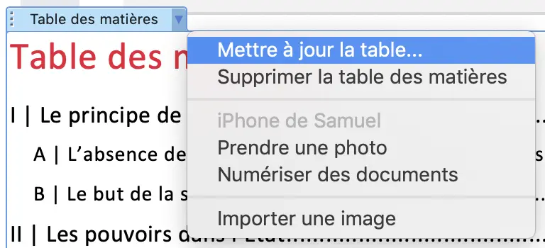 Lorsque l'on ouvre le menu de notre table des matières, on peut facilement la mettre à jour.