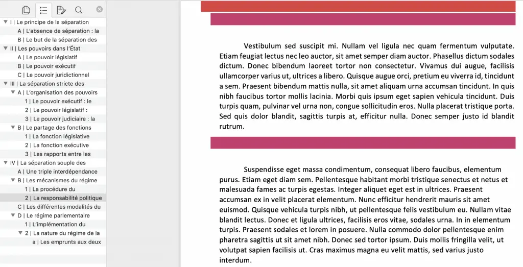 Le volet de navigation s'ouvre alors à gauche du document. Les deux premiers onglets nous concernent : la navigation par page ou par section, selon le plan que nous avons dressé.
