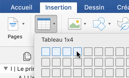 L'utilisateur s'apprête à créer un tableau d'une seule ligne et de quatre colonnes. Pour ce faire, il faut se rentre dans la section "Tableau" de Word, qui se trouve dans l'onglet "Insertion".