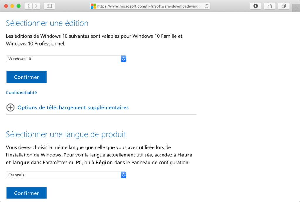 Capture d'écran du site de Microsoft, sur une page où l'on peut télécharger une image ISO de Windows 10.